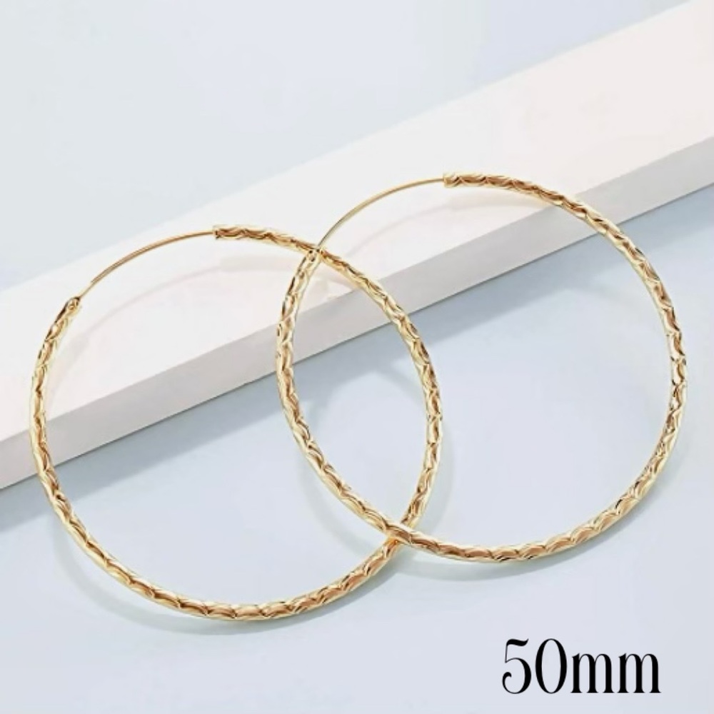14K Yellow Gold Endless Diamond Cut Hoop Earrings, 50mm